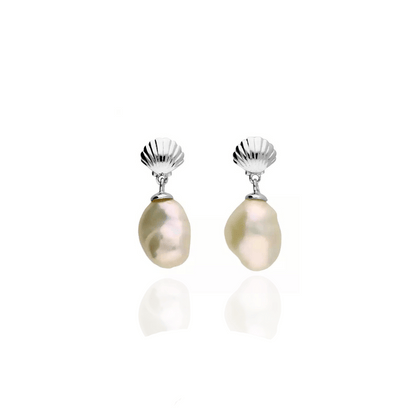 freshwater pearl earrings with silver shell accents 