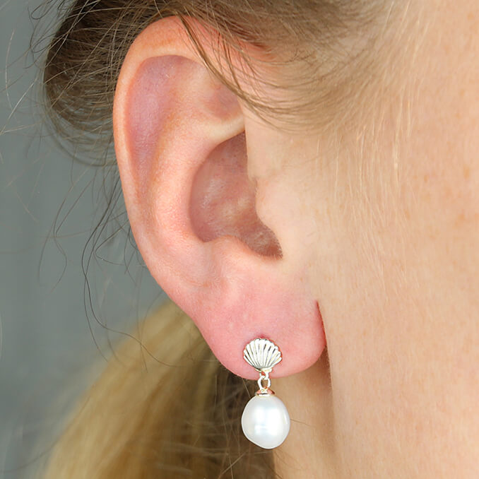 Silver seashell pearl drop earrings - mermaid jewellery