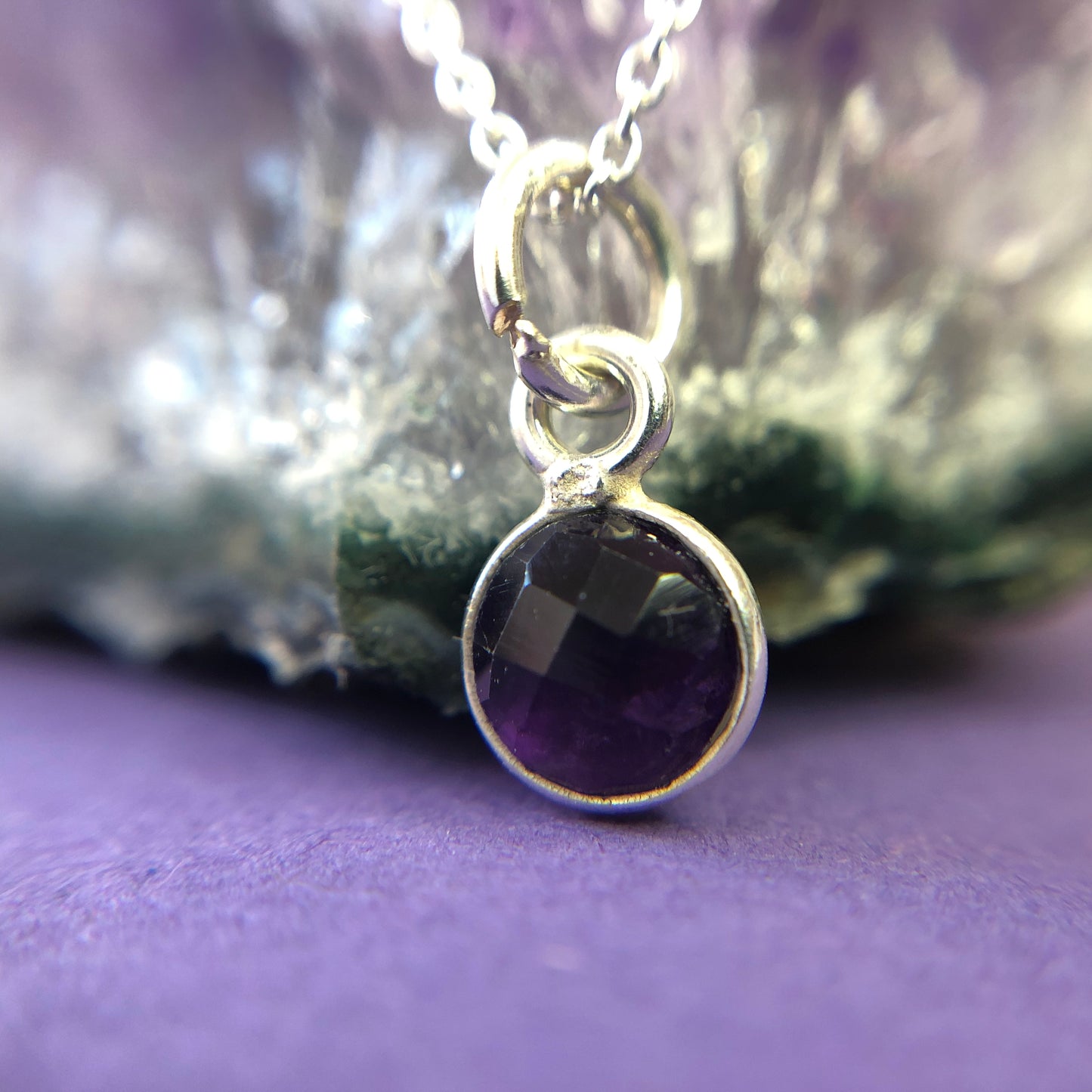 Tiny Amethyst bezel set gemstone silver pendant