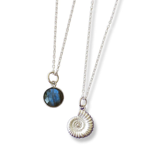 silver ammonite and bezel set labradorite layered pendant set 
