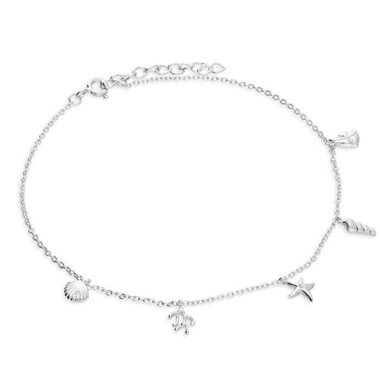  ocean inspired anklet. This sterling silver anklet features ocean inspired charms, including a little silver angel fish, silver seashells, silver coral and an adorable starfish. 